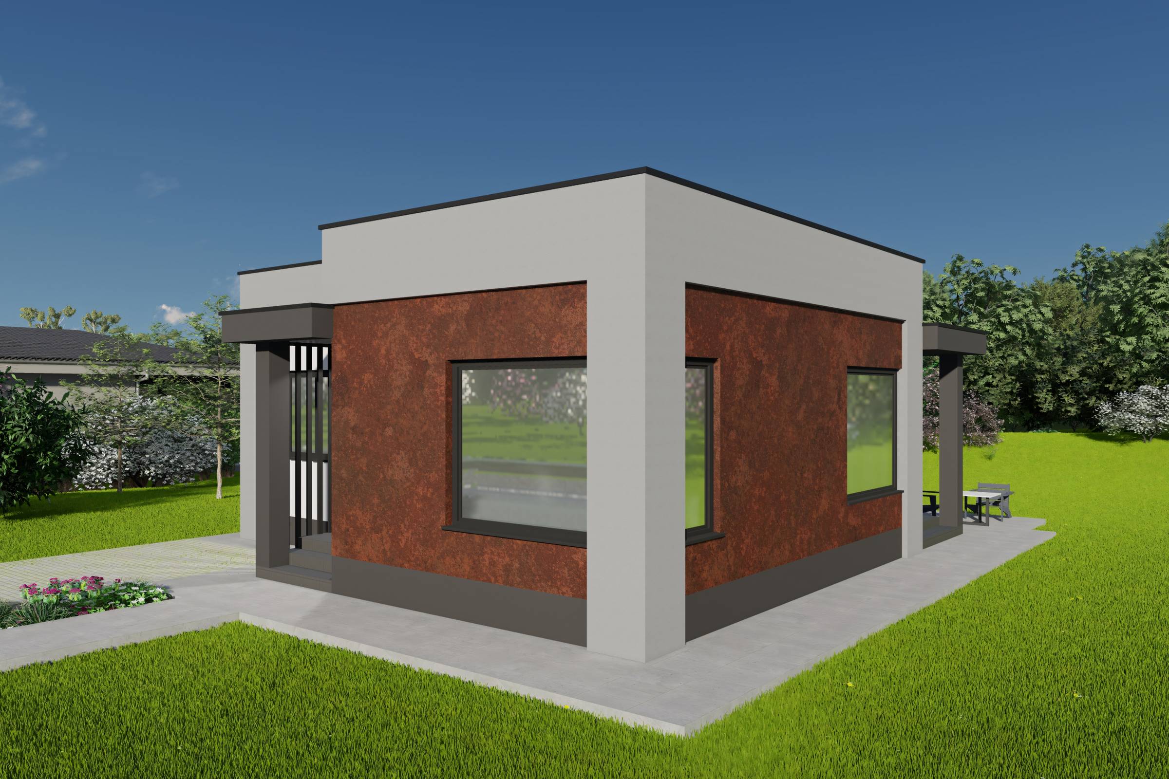 Proiect casa structura metalica pe un nivel 2 dormitoare 149 design exterior poza 03