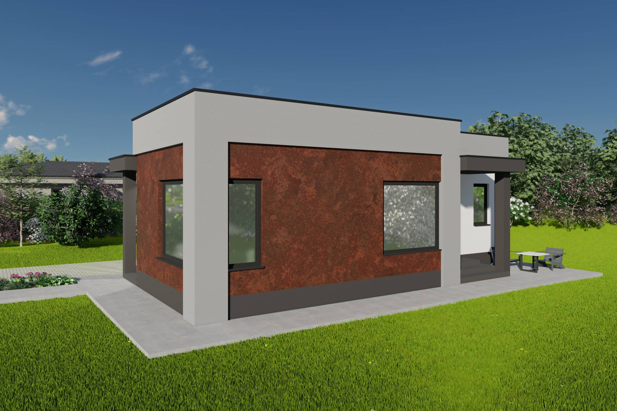 Proiect casa structura metalica pe un nivel 2 dormitoare 149 design exterior poza 04