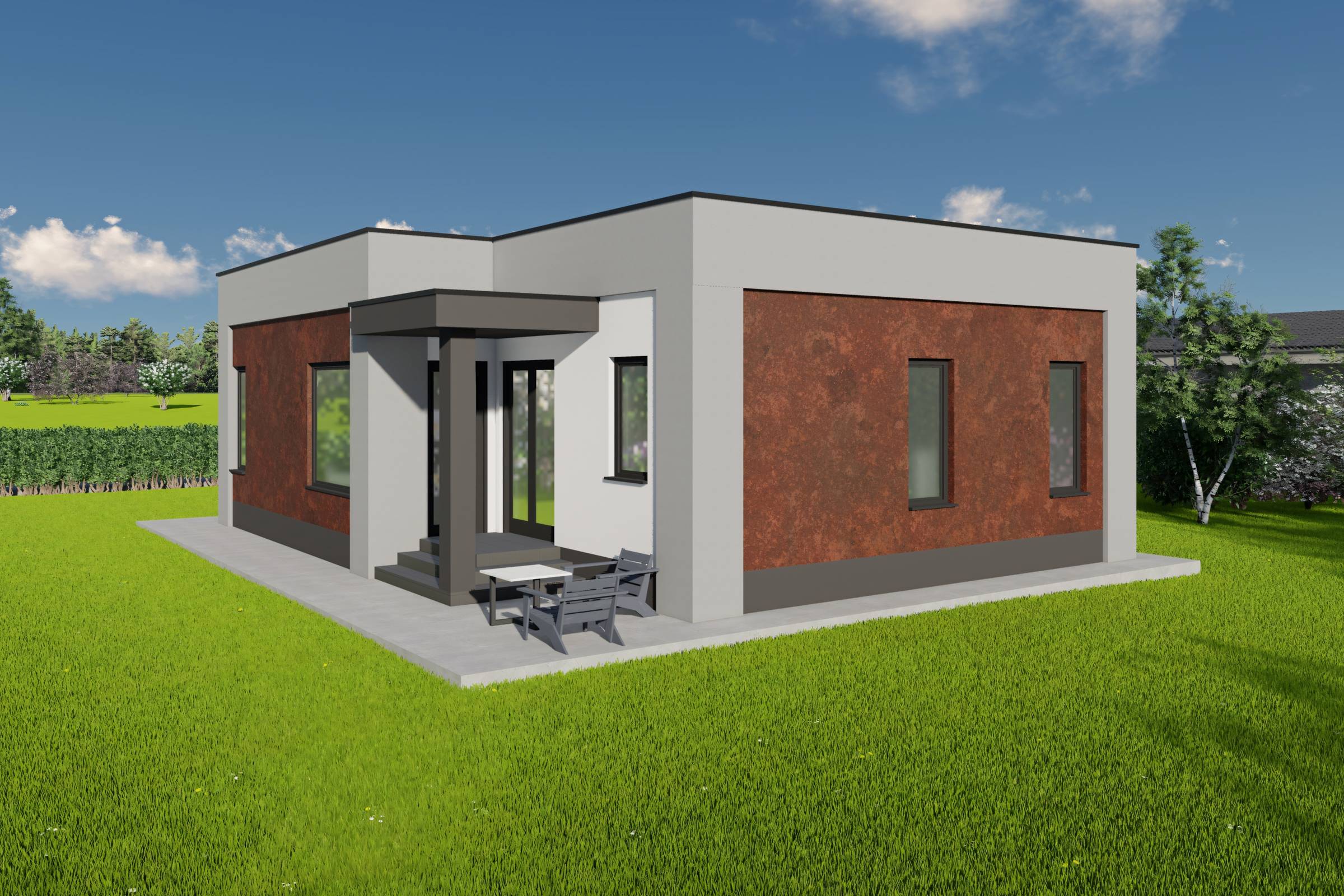 Proiect casa structura metalica pe un nivel 2 dormitoare 149 design exterior poza 07