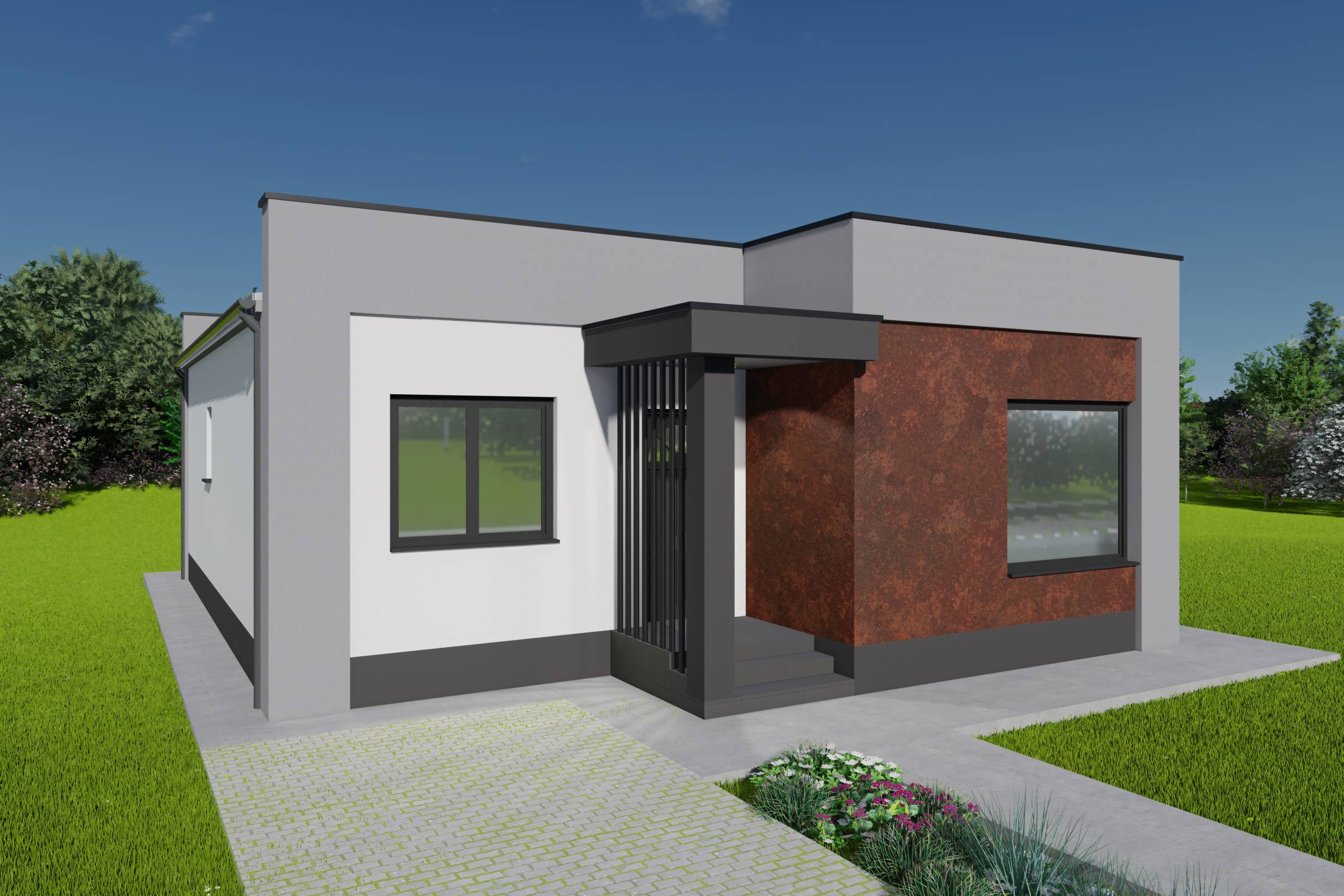 Proiect casa structura metalica pe un nivel 2 dormitoare 149 design exterior poza 11