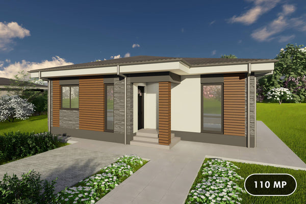 Proiect casa structura metalica un singur nivel 2 dormitoare - fatada casa moderna 01