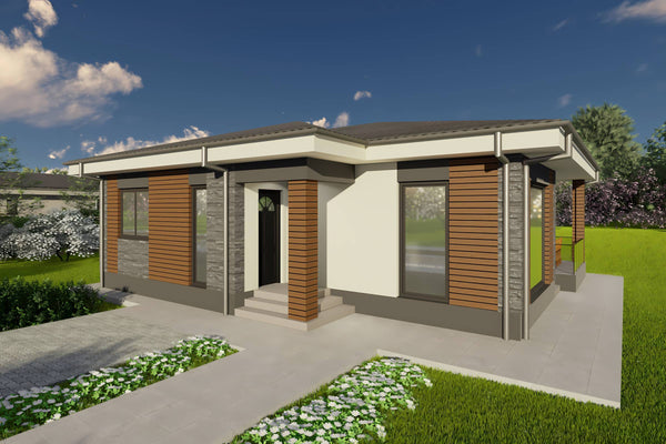 Proiect casa structura metalica un singur nivel 2 dormitoare - fatada casa moderna 02