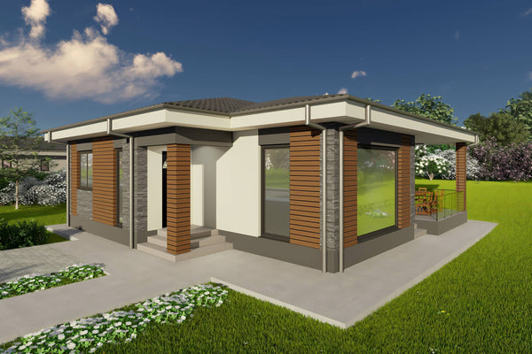 Proiect casa structura metalica un singur nivel 2 dormitoare - fatada casa moderna 03