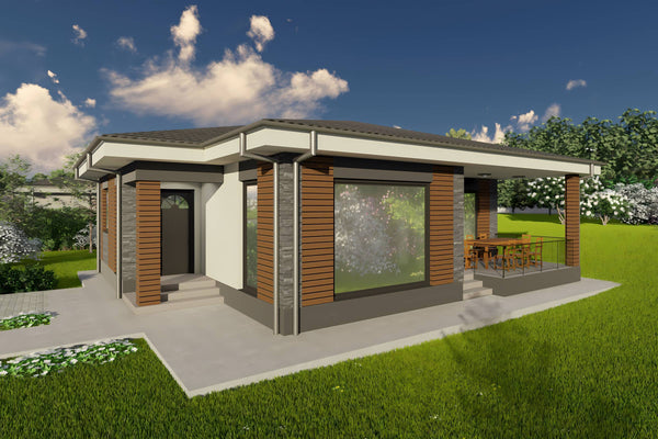 Proiect casa structura metalica un singur nivel 2 dormitoare - fatada casa moderna 04