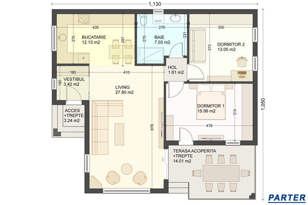Proiect casa structura metalica un singur nivel 2 dormitoare - partitionare casa moderna 100mp