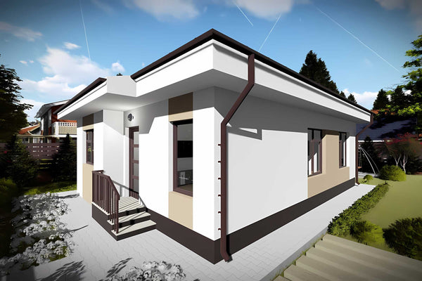 Proiect casa zidarie de BCA parter 3 camere constructie 84mp - cum arata exteriorul casei 3D poza 4