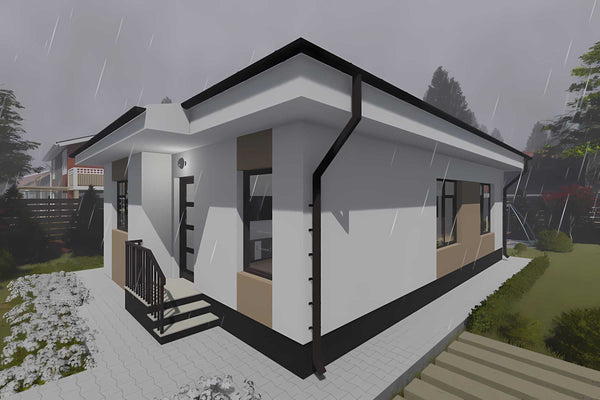 Proiect casa zidarie de BCA parter 3 camere constructie 84mp - cum arata exteriorul casei 3D poza 8