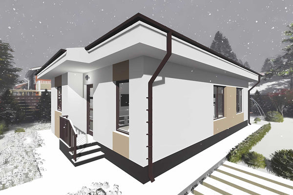 Proiect casa zidarie de BCA parter 3 camere constructie 84mp - cum arata exteriorul casei 3D poza 9