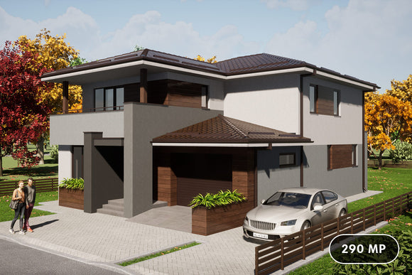 Proiect de casa cu etaj si garaj pe structura metalica 290mp - fatada principala poza 1