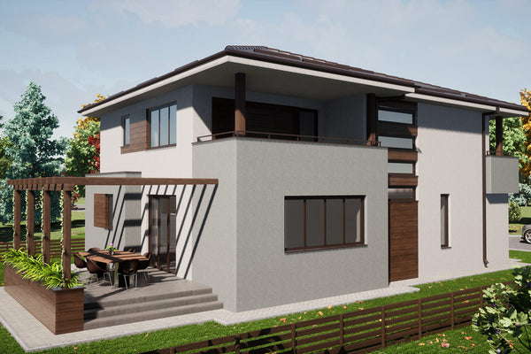 Proiect de casa cu etaj si garaj pe structura metalica 290mp - fatada casa poza 5
