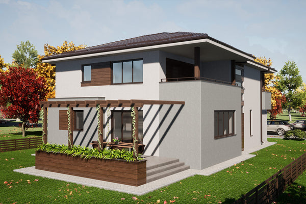 Proiect de casa cu etaj si garaj pe structura metalica 290mp - fatada casa poza 7