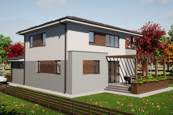 Proiect de casa cu etaj si garaj pe structura metalica 290mp - fatada casa poza 8