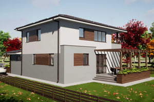 Proiect de casa cu etaj si garaj pe structura metalica 290mp - fatada principala poza 2 thumbnail