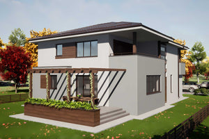 Proiect de casa cu etaj si garaj pe structura metalica 290mp - fatada principala poza 10 thumbnail