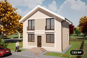 Proiect de casa mica cu etaj din structura metalica 125 mp - fatada principala casa thumbnail