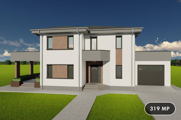 Proiect de casa pe structura metalica cu etaj si garaj 300mp poza fatada 01