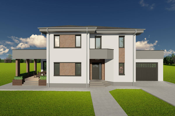 Proiect de casa pe structura metalica cu etaj si garaj 300mp poza fatada 02