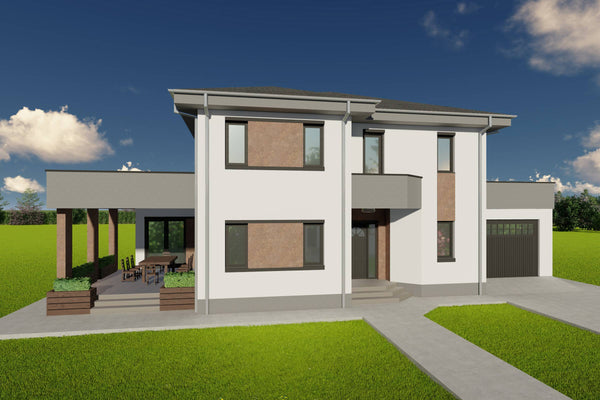 Proiect de casa pe structura metalica cu etaj si garaj 300mp poza fatada 03