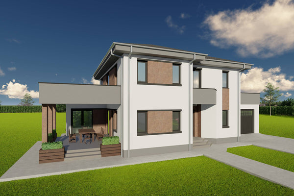 Proiect de casa pe structura metalica cu etaj si garaj 300mp poza fatada 04