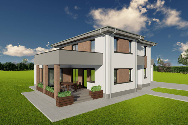 Proiect de casa pe structura metalica cu etaj si garaj 300mp poza fatada 05