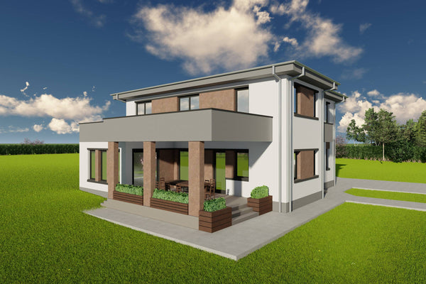 Proiect de casa pe structura metalica cu etaj si garaj 300mp poza fatada 06