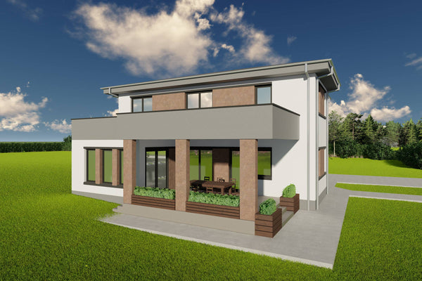 Proiect de casa pe structura metalica cu etaj si garaj 300mp poza fatada 07