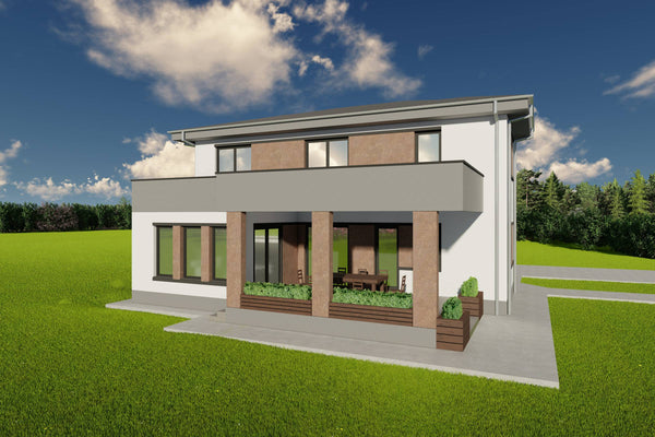 Proiect de casa pe structura metalica cu etaj si garaj 300mp poza fatada 08