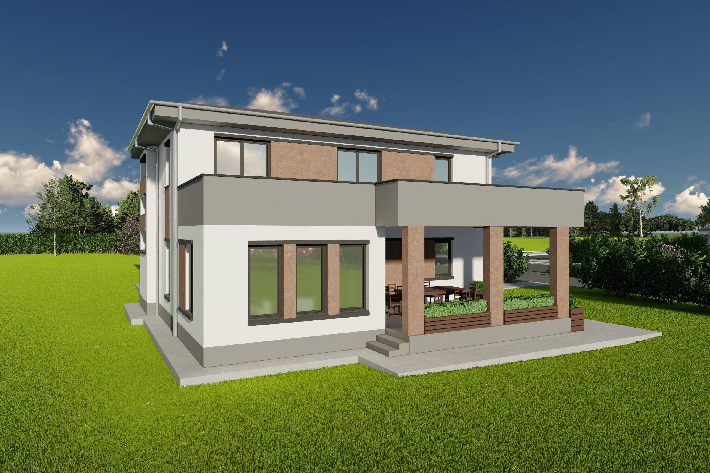Proiect de casa pe structura metalica cu etaj si garaj 300mp poza fatada 10