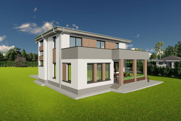 Proiect de casa pe structura metalica cu etaj si garaj 300mp poza fatada 11