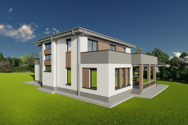 Proiect de casa pe structura metalica cu etaj si garaj 300mp poza fatada 12