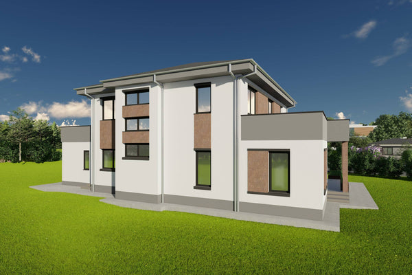 Proiect de casa pe structura metalica cu etaj si garaj 300mp poza fatada 13