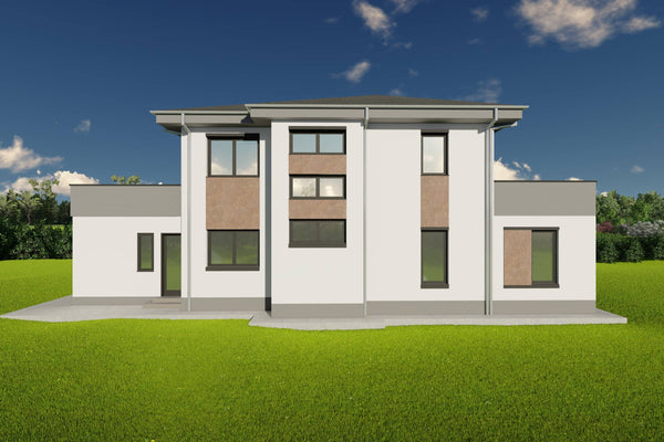 Proiect de casa pe structura metalica cu etaj si garaj 300mp poza fatada 14