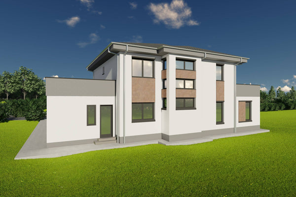 Proiect de casa pe structura metalica cu etaj si garaj 300mp poza fatada 15