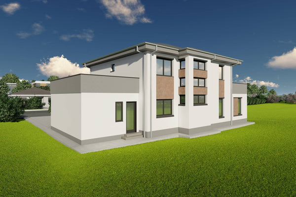 Proiect de casa pe structura metalica cu etaj si garaj 300mp poza fatada 16