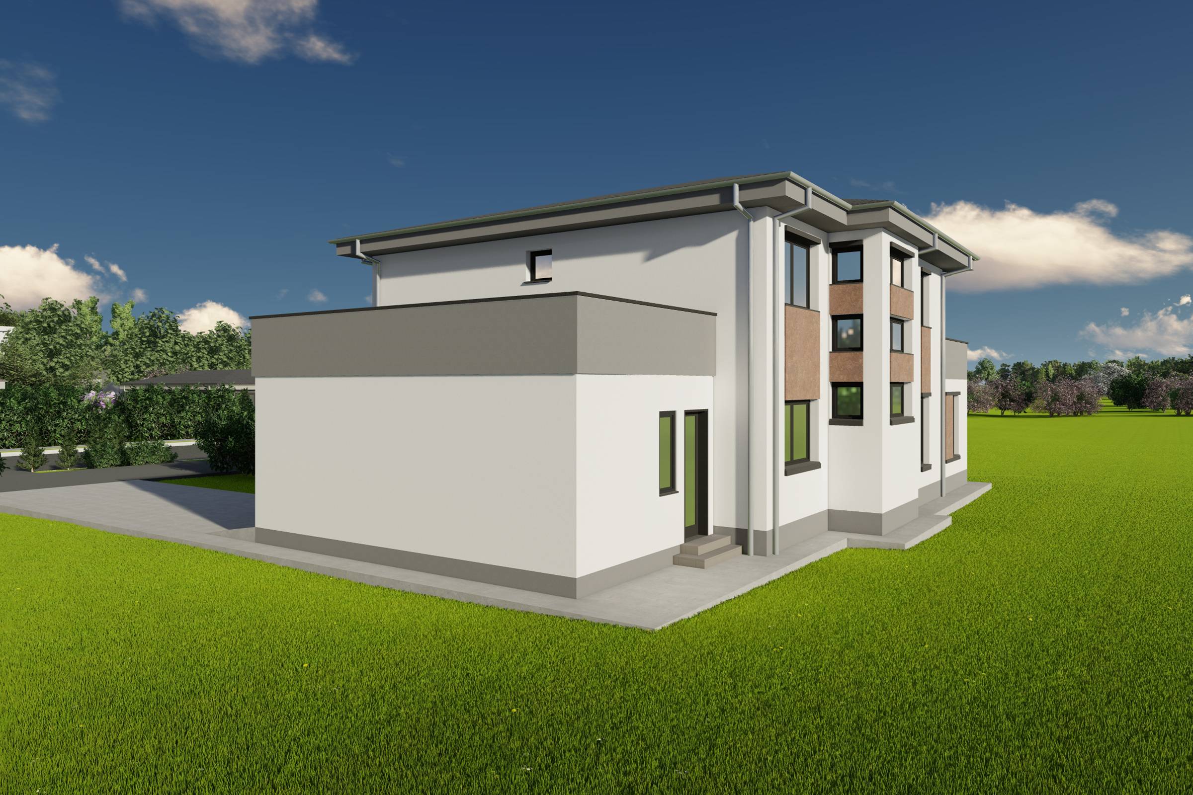 Proiect de casa pe structura metalica cu etaj si garaj 300mp poza fatada 17
