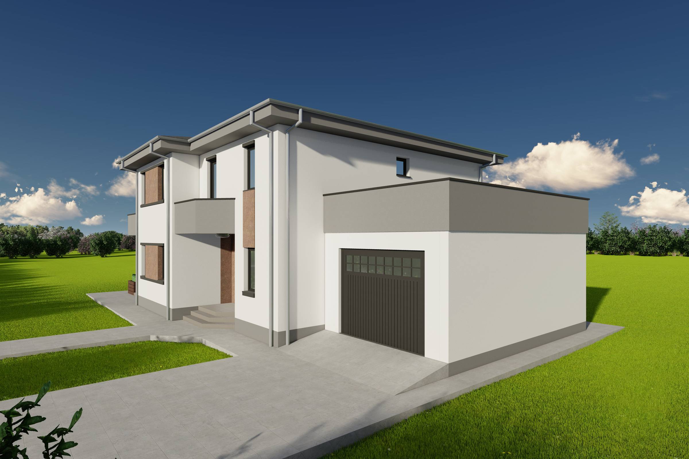 Proiect de casa pe structura metalica cu etaj si garaj 300mp poza fatada 18