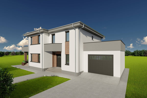 Proiect de casa pe structura metalica cu etaj si garaj 300mp poza fatada 19