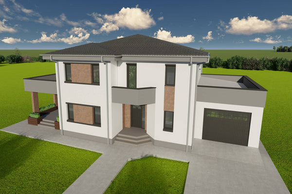 Proiect de casa pe structura metalica cu etaj si garaj 300mp poza fatada 20