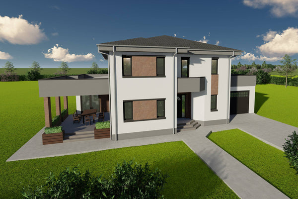 Proiect de casa pe structura metalica cu etaj si garaj 300mp poza fatada 21