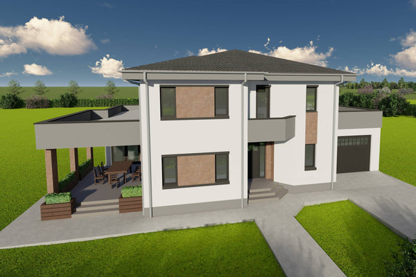 Proiect de casa pe structura metalica cu etaj si garaj 300mp poza fatada 22