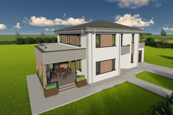 Proiect de casa pe structura metalica cu etaj si garaj 300mp poza fatada 23