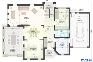 Proiect de casa pe structura metalica cu etaj si garaj 300mp compartimentare la interior parter thumbnail