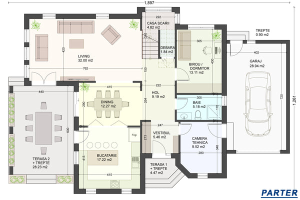 Proiect de casa pe structura metalica cu etaj si garaj 300mp compartimentare la interior parter