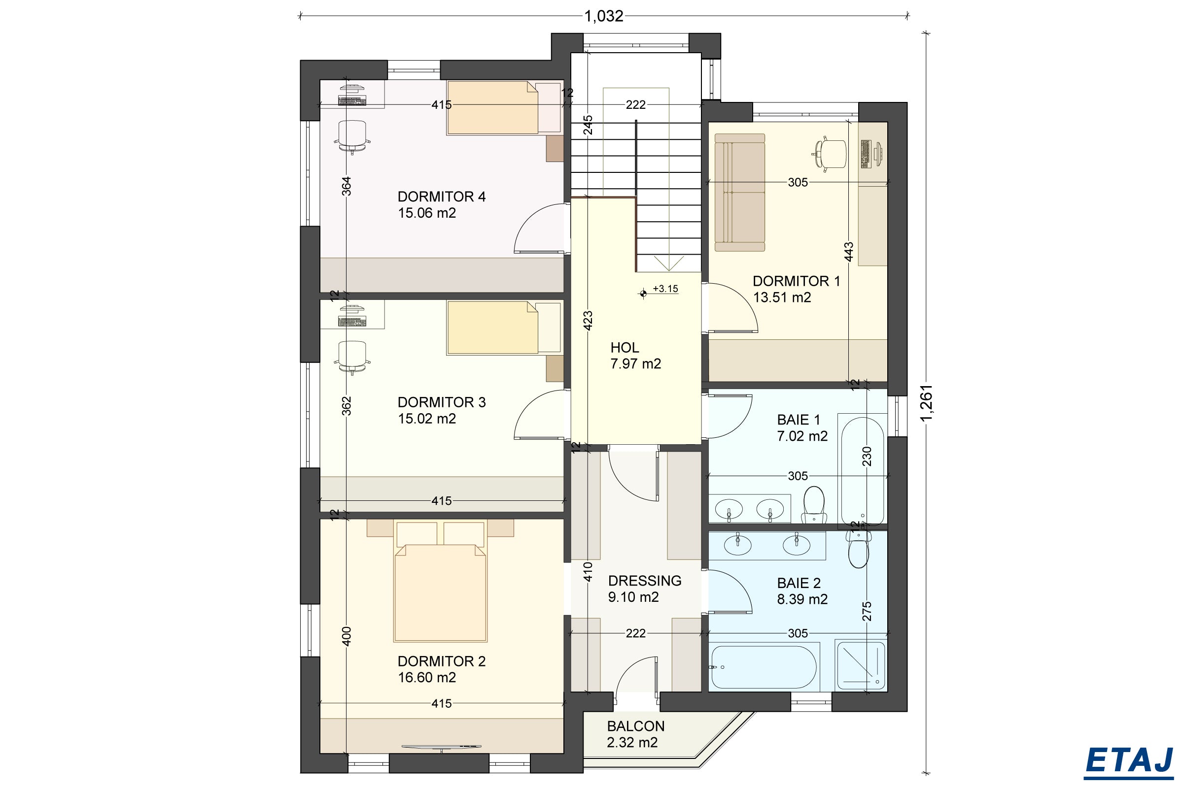 Proiect de casa pe structura metalica cu etaj si garaj 300mp compartimentare la interior etaj