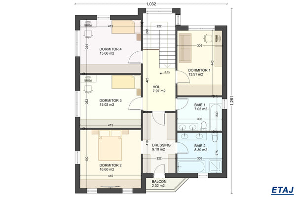 Proiect de casa pe structura metalica cu etaj si garaj 300mp compartimentare la interior etaj