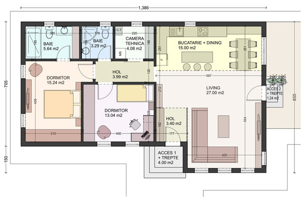 Proiect de casa structura metalica 3 camere si 2 bai 110 mp - partitionare casa parter