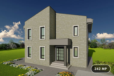 Proiect de casa structura metalica 4 dormitoare 3 bai cod146 - fatada cu placari ceramice poza 01