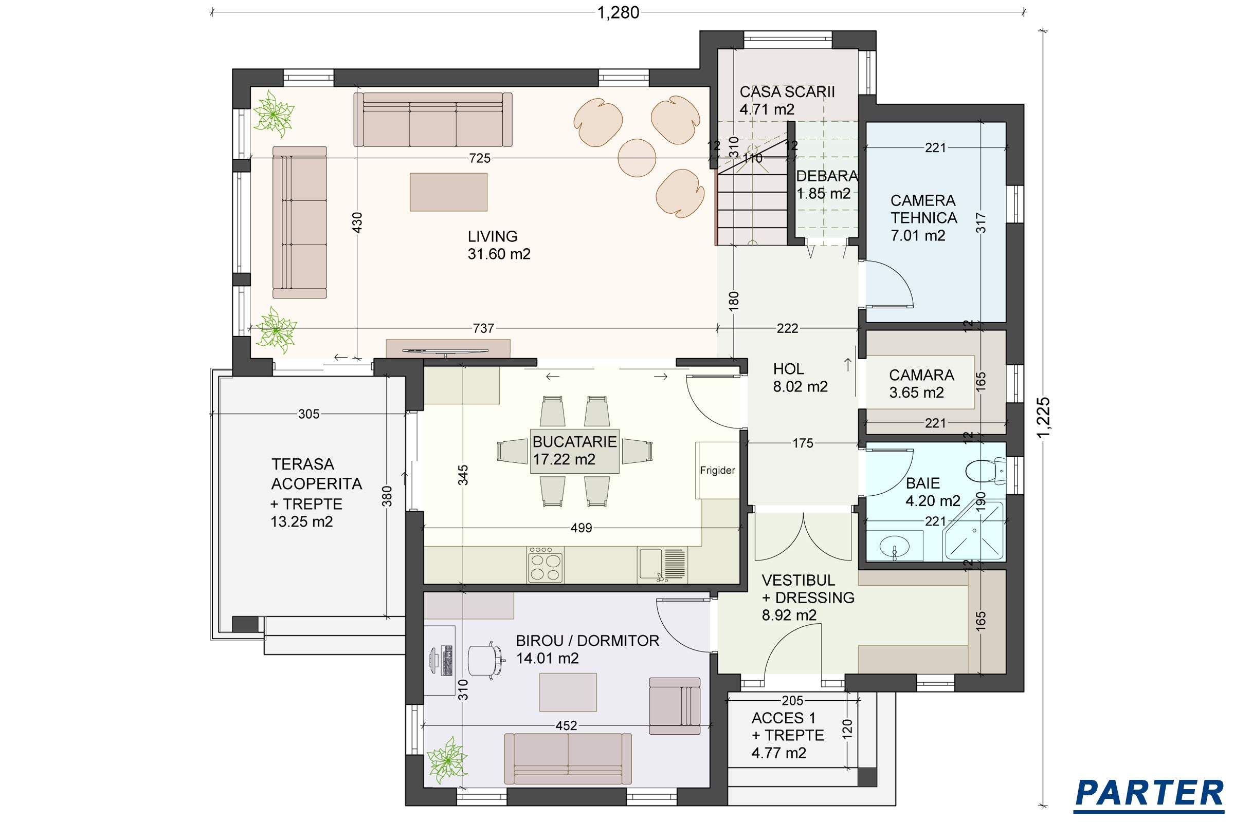 Proiect de casa structura metalica 4 dormitoare 3 bai cod146 - partitionare parter casa