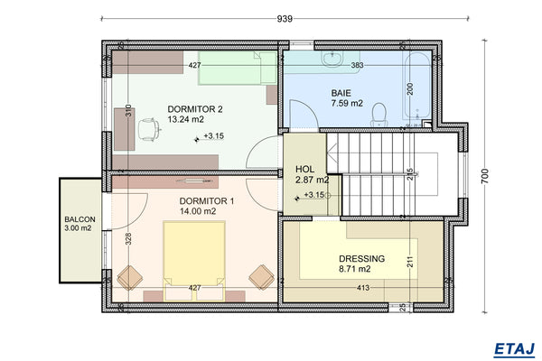 Proiect casa pe structura metalica 137-107 - plan etaj