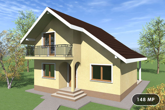 Proiect de casa structura metalica cu etaj si terasa 150 mp - fatada principala imagine 1